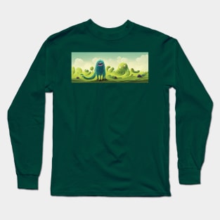 Panorama of cute green monsters in nature Long Sleeve T-Shirt